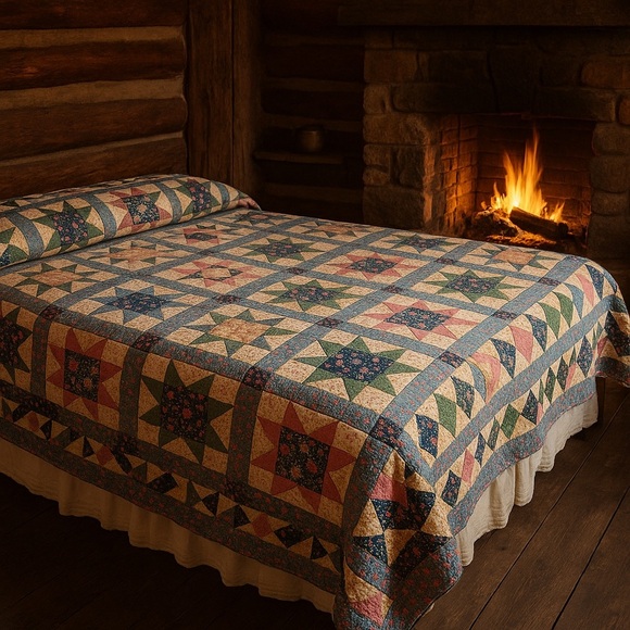 Other - Vintage  Star Patchwork Quilt 82”x82” Floral Full/Queen Size